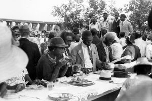 Large group sharing a meal